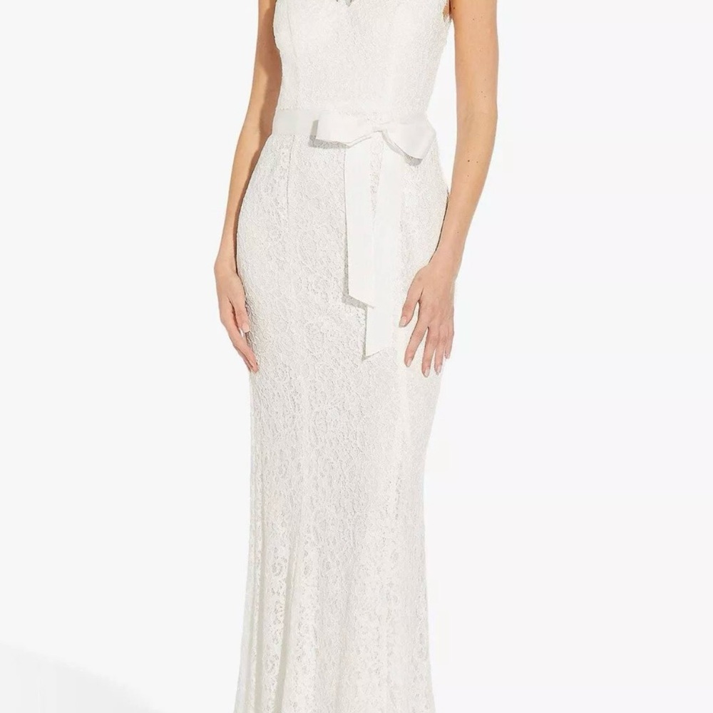 Adrianna Papell V-Neck  Long Bridal Dress NWT Size 2 Coquette Bow Lace